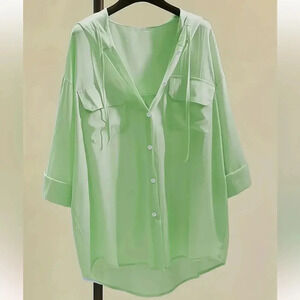 Beach Coverup Hooded Blouse Pockets Green L 8-10‎ New